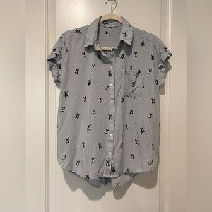 Jane and Delancey Black and White Striped Button-Down Top with Cat Print